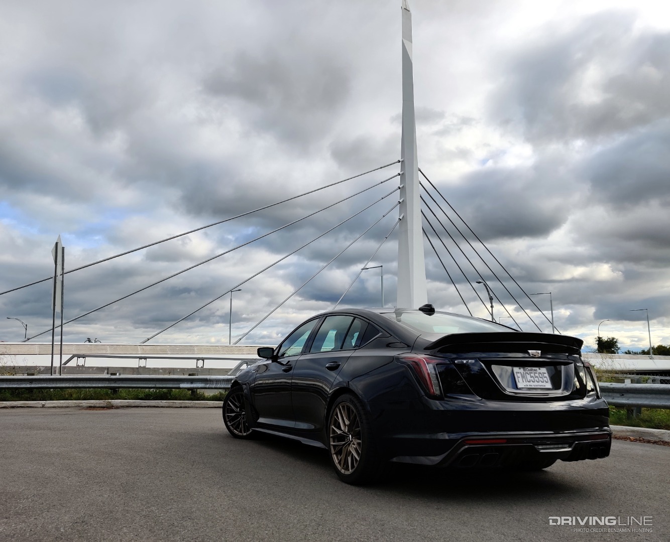 2022 Cadillac CT5-V Blackwing rear view in front of bridge