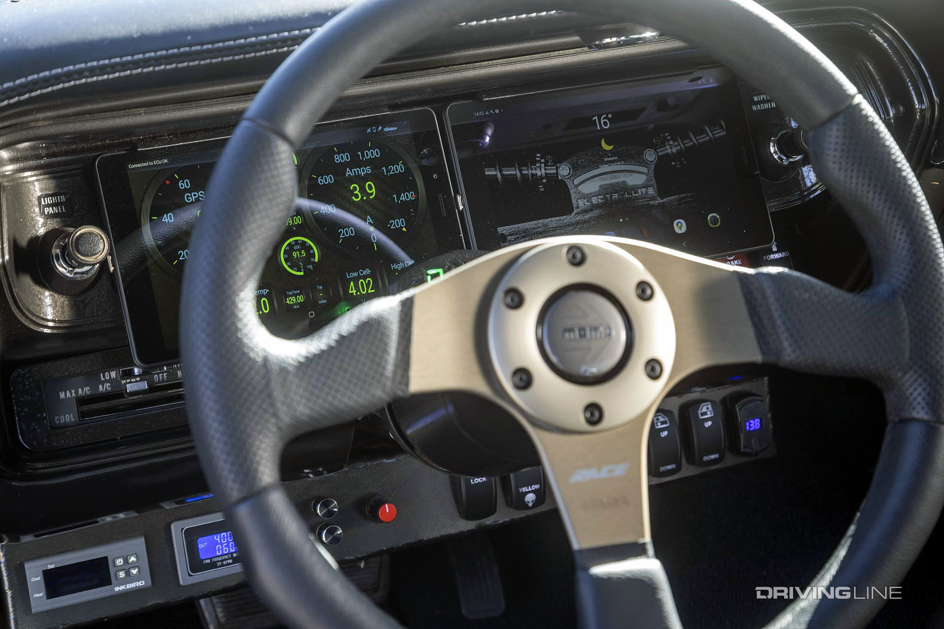 tesla muscle car with nitto tires cockpit driver's view