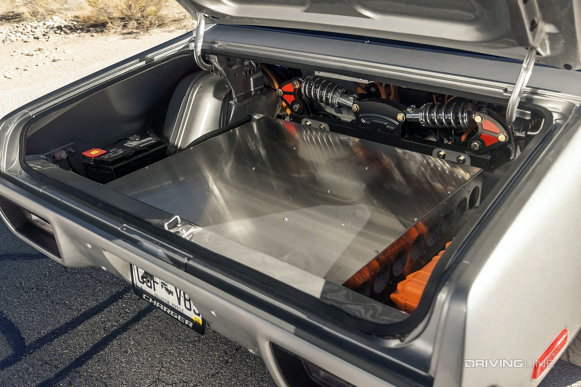 plymouth satellite ev muscle car with custom coilover suspension close up