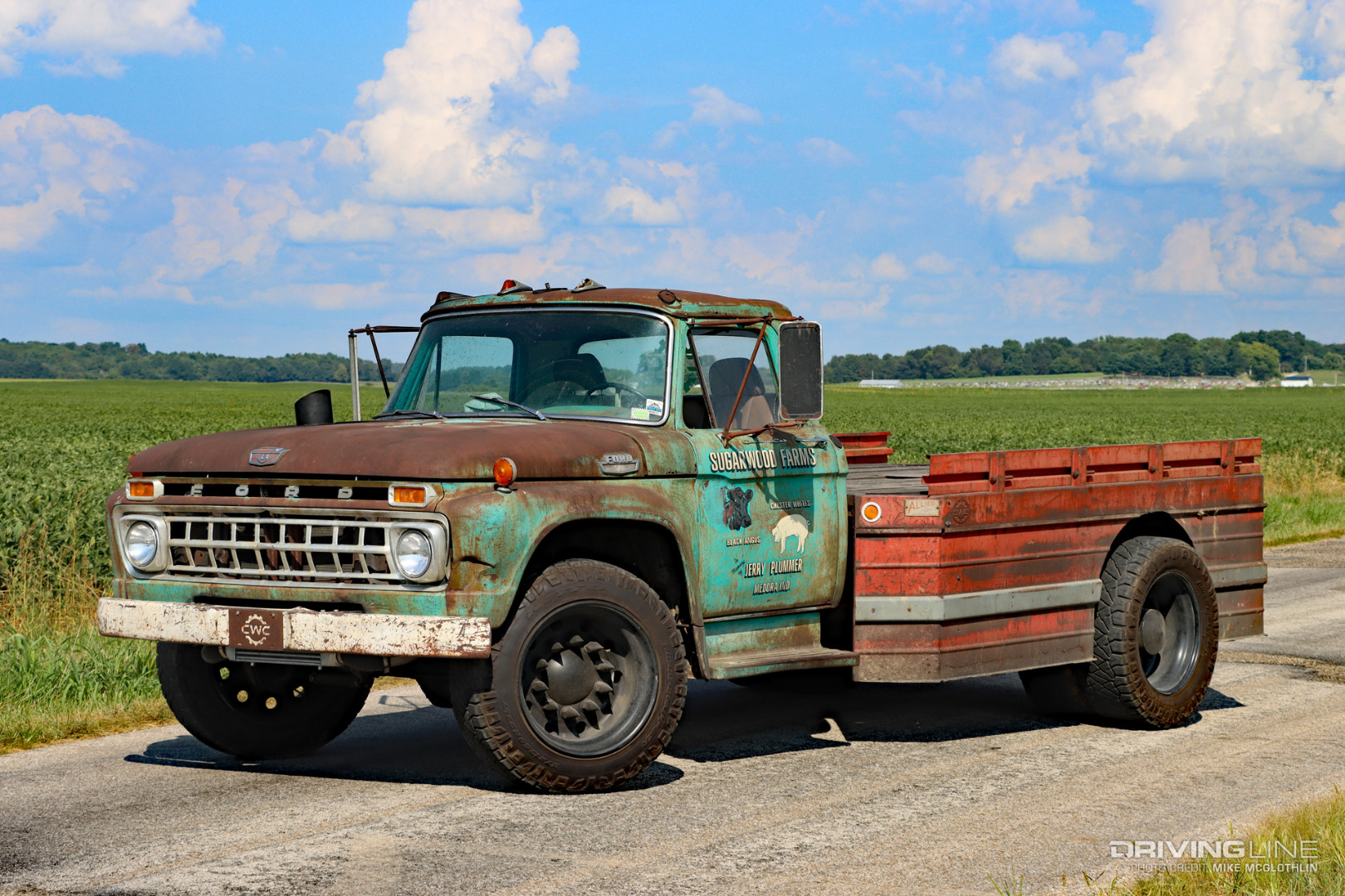 Front driver side of 1965 Ford F-600 Cummins Swap rat rod on Nitto Ridge Grappler Tires