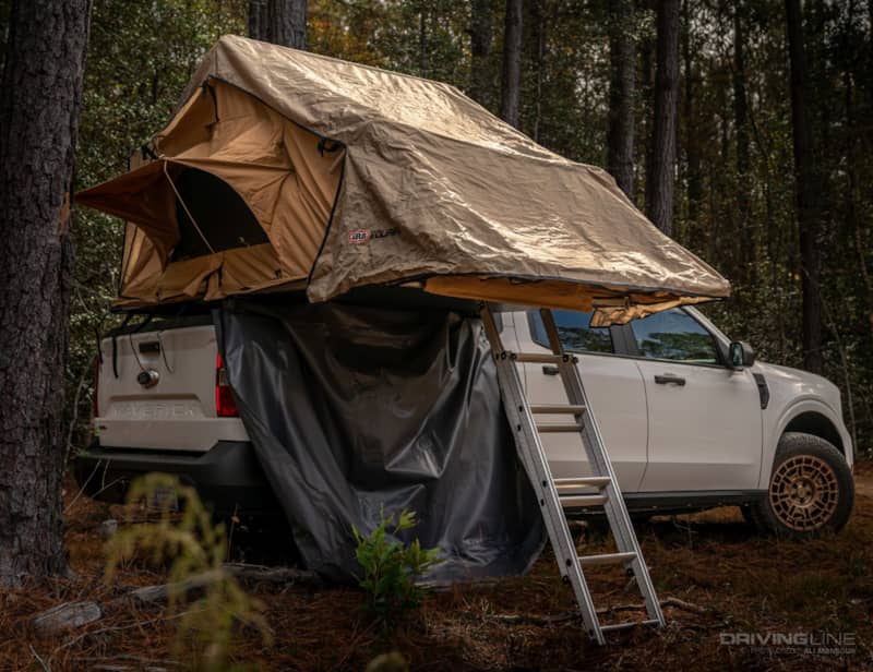 2022 Ford Maverick Hybrid XL Overland with rack mounted bed tent for family camping