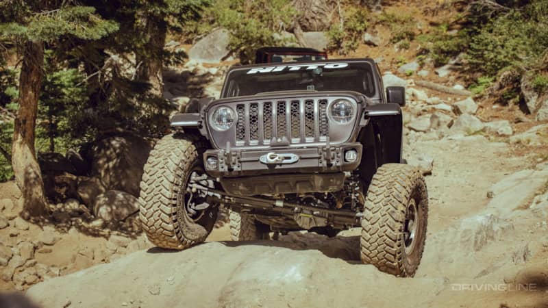 Factory skid plate on Jeep Gladiator Rubicon on 40-inch Trail Grappler tires