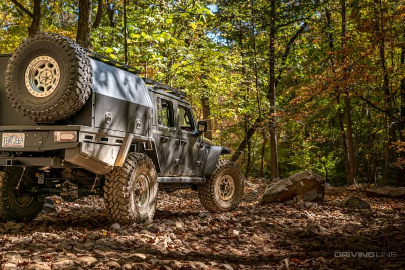 Jeep Gladiator Rubicon on 40-inch Trail Grapplers on off-road trail in forest