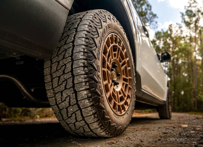 Close up of Nitto Nomad Grappler tire on 2022 Ford Maverick XL Hybrid