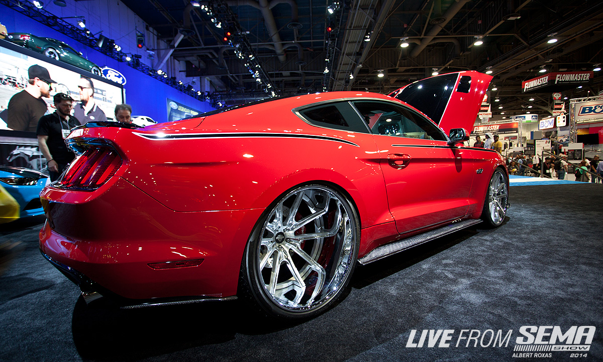 Too-big wheels on a Mustang