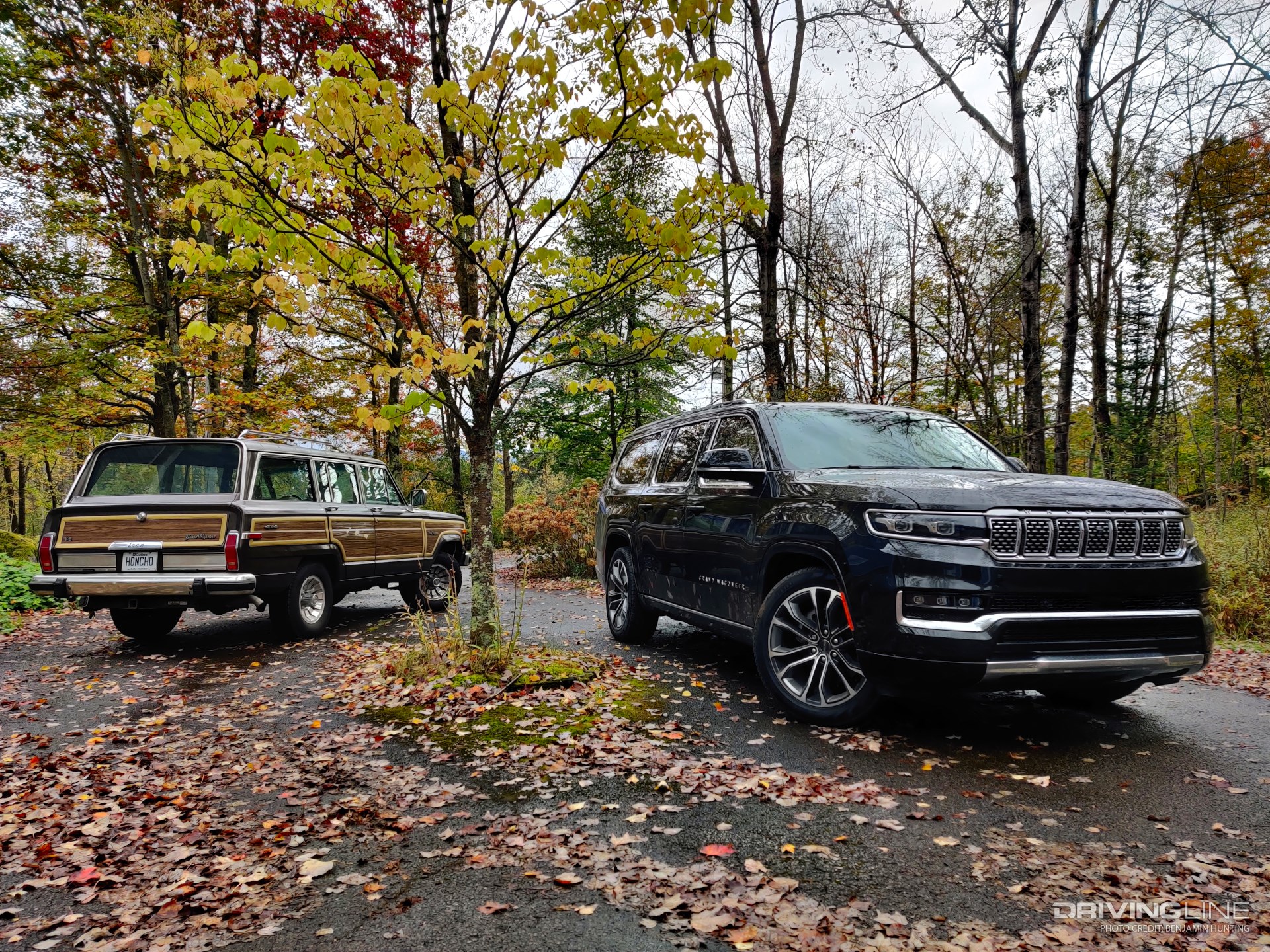2023 Jeep Grand Wagoneer L and 1987 Jeep Grand Wagoneer parked together
