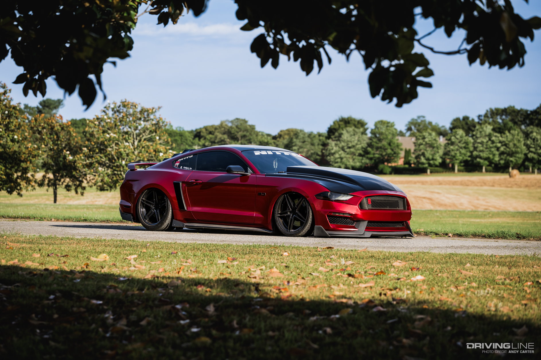 crimson colored 2018 S550 Mustang GT passenger side 3/4