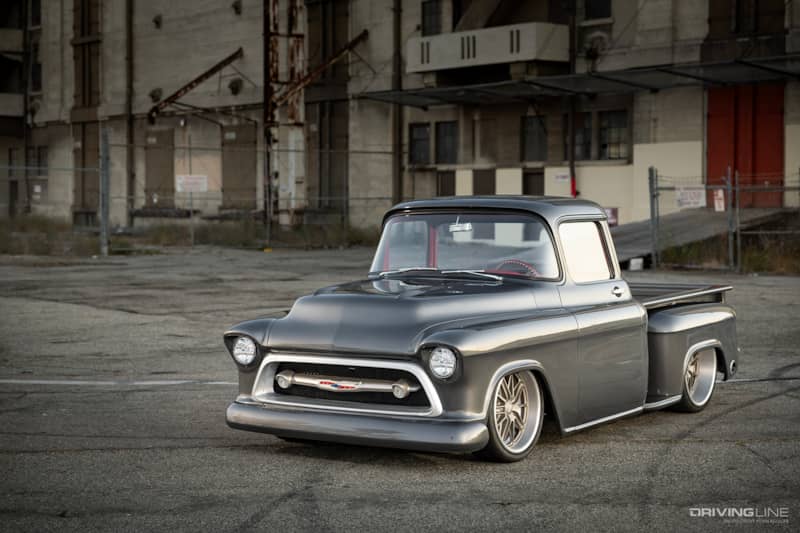 Front driver side of Kirk Sannella's ‘57 Chevy 3100 lowered classic truck