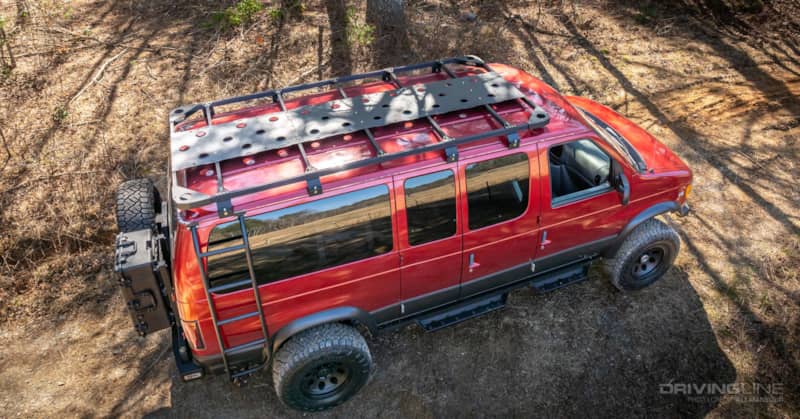 2000 Ford E-350 4x4 van Ujoint Offroad roof rack with center strip overhead view
