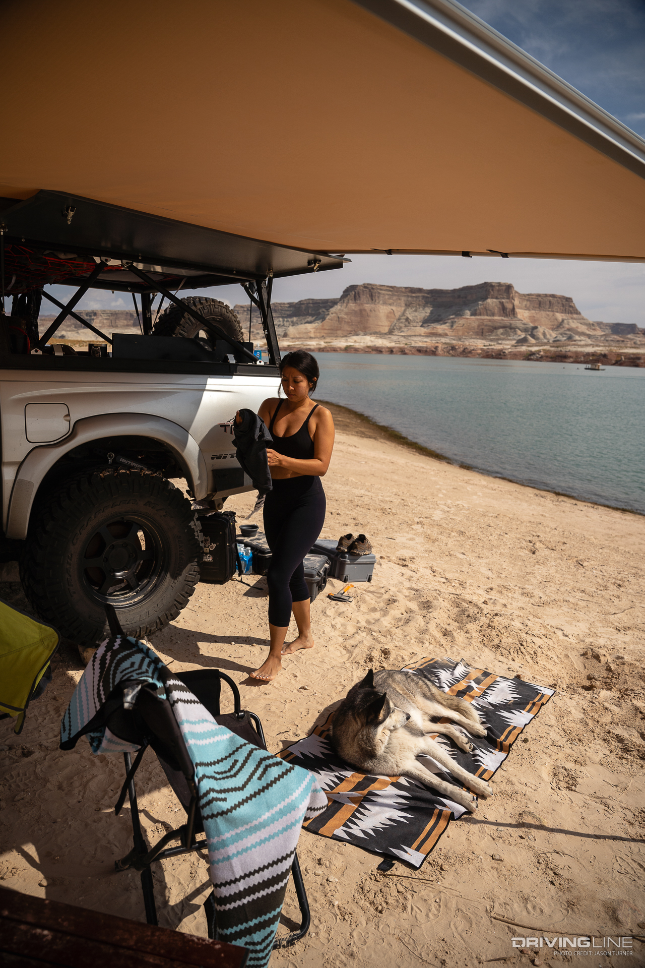 Dog lounging on blanket next to overlanding campsite