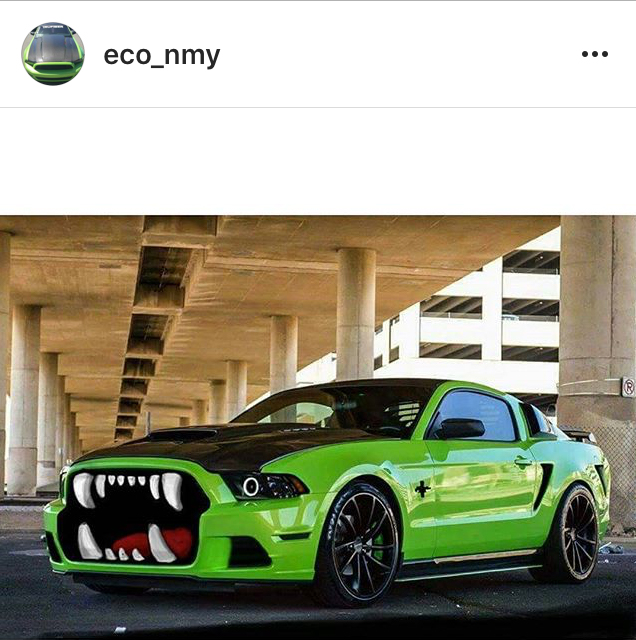lime green Mustang with painted grill