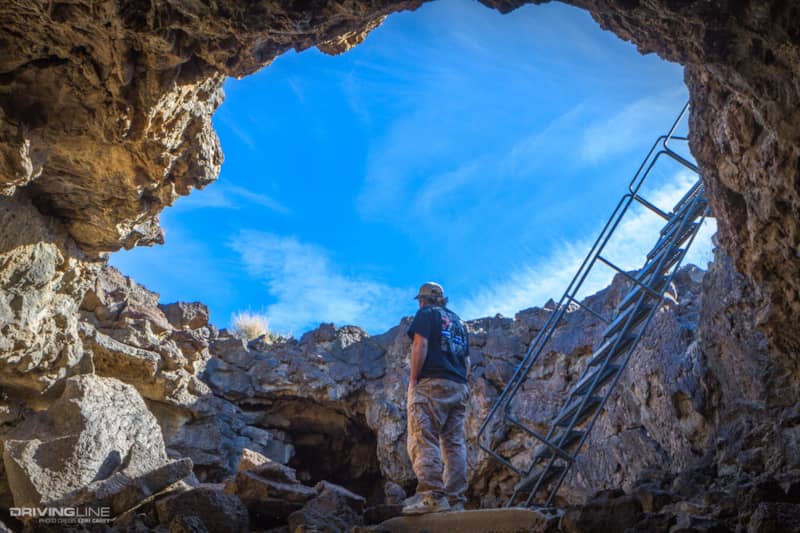 ladder at entrance of lava tubes in Mojave National Preserve