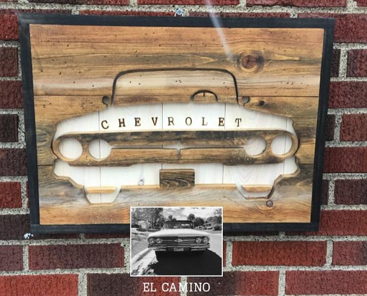 Hagen and Oats - classic Chevy El Camino wood carving art
