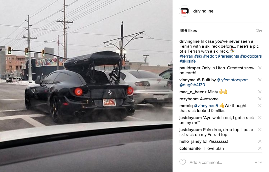 @drivingline Instagram post Ferrari with Ski Box