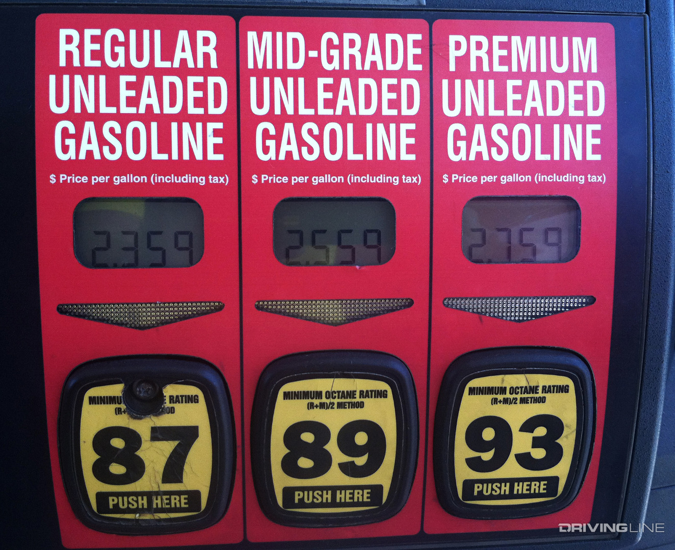 Gas pump showing octane ratings