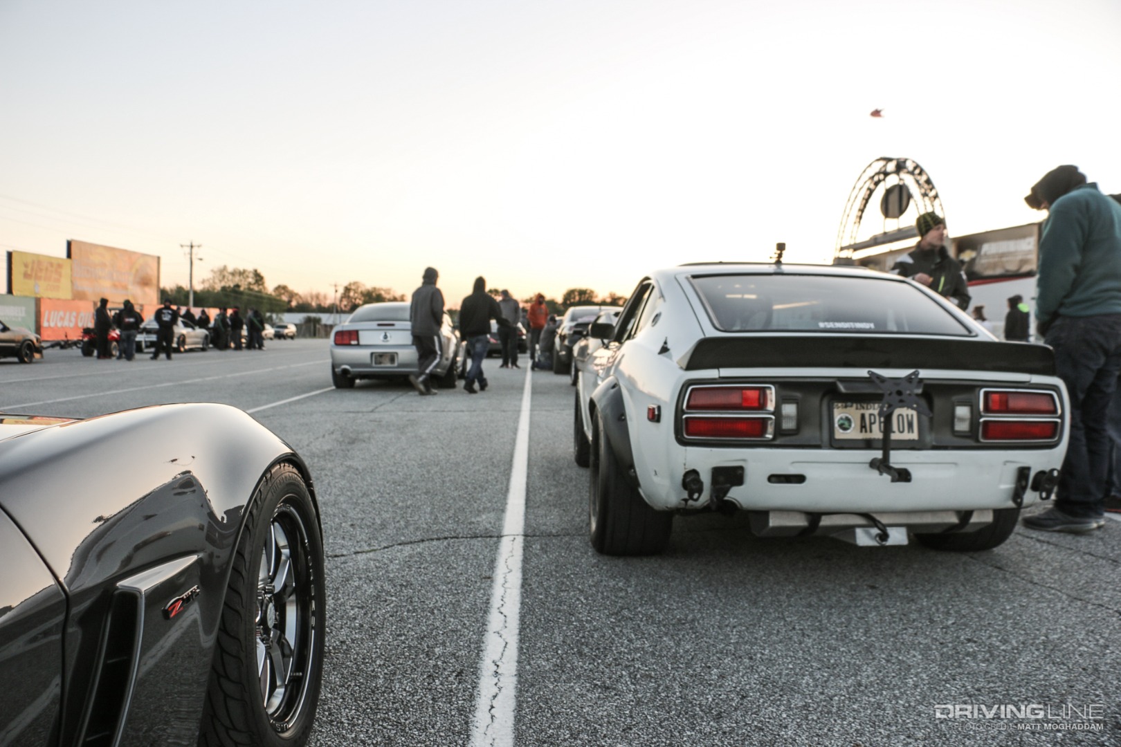 Datsun and Corvette staging for the track