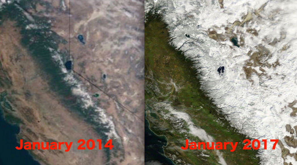 NASA Images showing a comparison of California's snowpack from 2014 to 2017