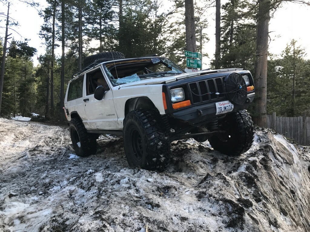 The rescued XJ at the entrance to the Rubicon, with the makeshift cooling fan still attached.