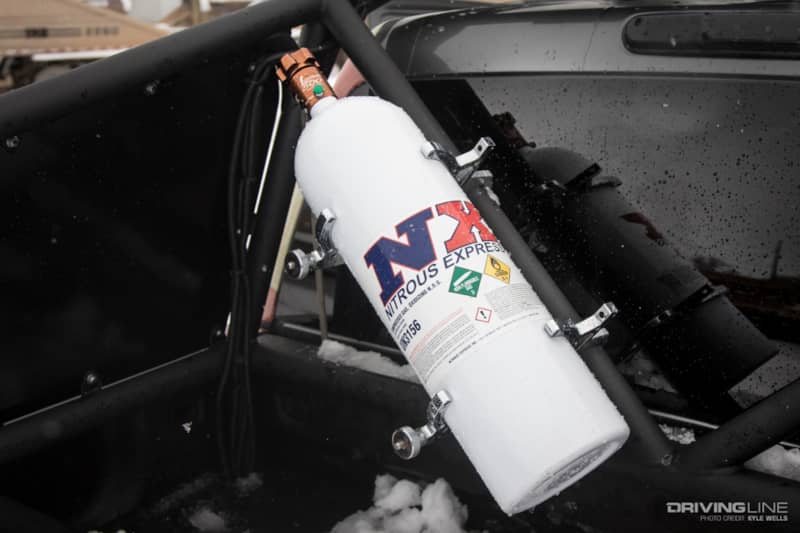 Nitrous bottle mounted on the bed cage