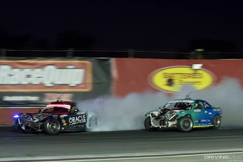 Kearney lead vs. Fielfd - both cars missing front bumpers and hoods