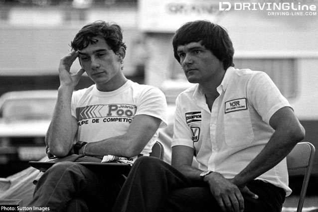 Ayrton Senna da Silva (BRA) Formula 3 F3 with West Surrey Racing Team Manager Dick Bennetts (GBR) mulls over his retirement from the race British Formula Three Championship Oulton Park England 6 August 1983