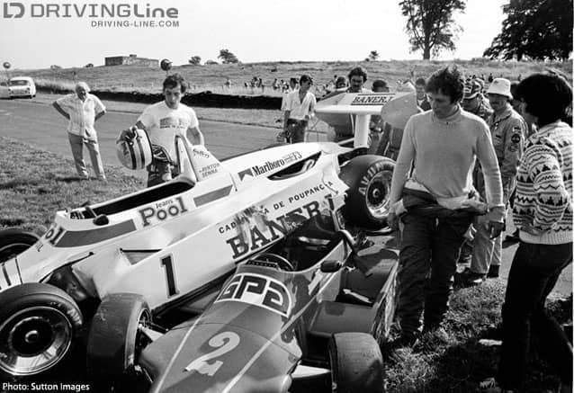 Ayrton Senna West Surrey Racing Ralt Toyota RT3/83 sits perched upon championship rival Martin Brundle Eddie Jordan Racing Ralt RT3/83 Toyota British Formula Three Championship Oulton Park England