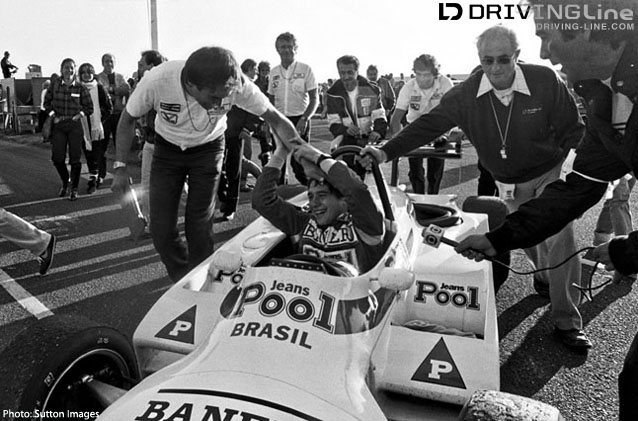 Ayrton Senna (BRA) West Surrey Racing Ralt RT3/83 Toyota celebrates victory British Formula 3 Championship Thruxton England 27 October 1983