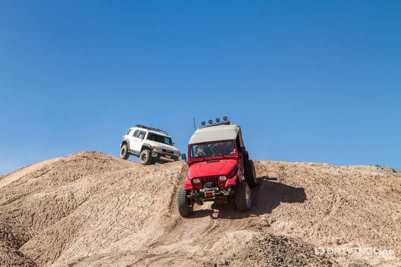Jeep and FJ Cruiser playing on the mud hills at Ocotillo Wells OHV SRA