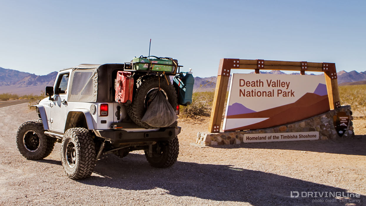 Jeep Wrangler at Death Valley National Park sign