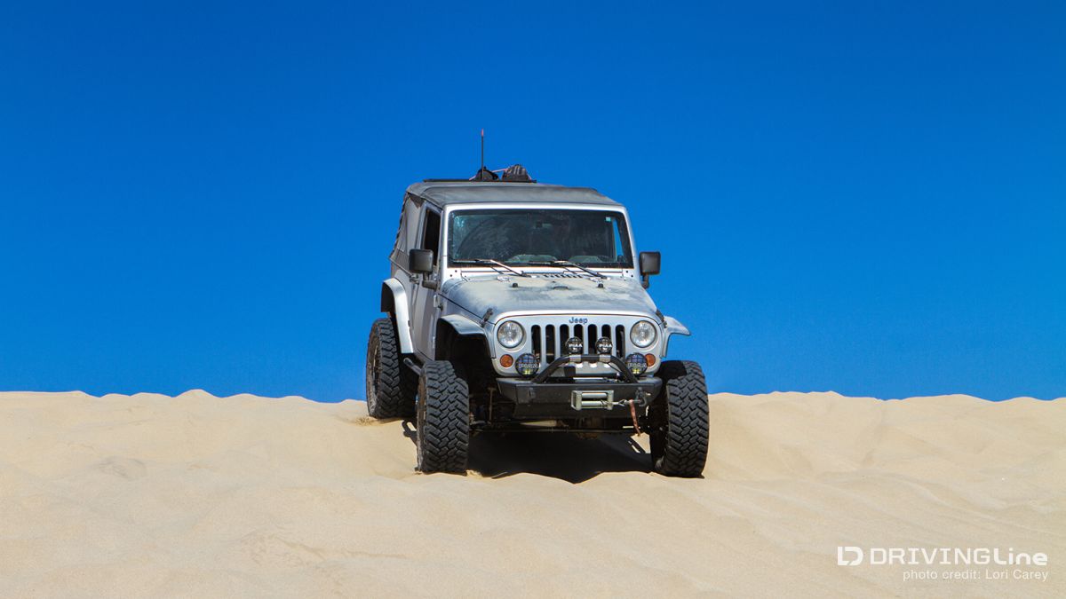 Jeep, wrangler, sand, hill, blue sky, minimal