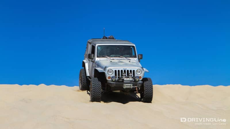 Jeep, wrangler, sand, hill, blue sky, minimal