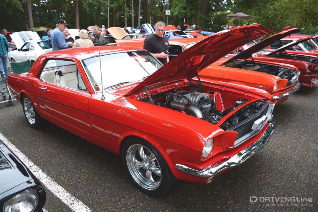 Even in a line of three red Mustangs the quality of John and Rebecca Robertson’s 5.0-swapped ’66 shined through.