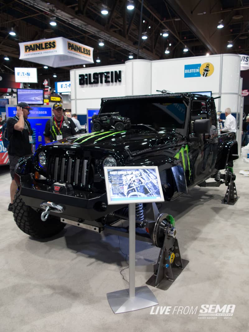 Casey Currie calls this JK8 pickup a Raptor killer. CRC Enterprises performed an IFS conversion on the front of the Jeep that retains the 4WD system and uses Bilstein 9100 Series coilovers. Under the hood the LSX just wasn’t enough so a Magnuson supercharger was bolted on to make north of 1,000 horsepower.