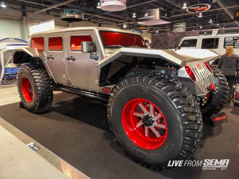 Fab Fours insane JK is what the SEMA Show is all about. What to get people talking? Built a chop top Wrangler with red windows and giant tires covered by crazy fenders. You can’t have too big of tires at the SEMA Show, and this Jeep stands out by having a roofline the same as a stock Wrangler! Surprisingly, the Fab Fours bumpers on the The Legend were understated compared to the rest of the vehicle.