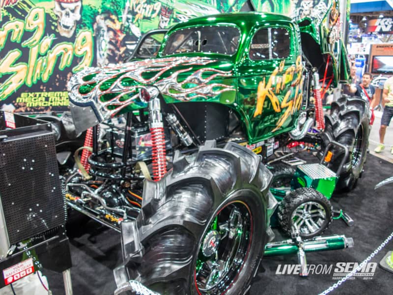 Mega Trucks blur the line between Monster Truck, drag racer, and mud truck. Dennis Anderson’s King Sling is the original Mega Truck and still the most popular. The 57-inch tall cut agriculture tires are cut to sling mud, and the 1,600 horsepower, alcohol burning big block is straight out of a monster truck. This truck was in the Spectra Chrome booth, and their wraps seemed to be everywhere at the SEMA Show this year.