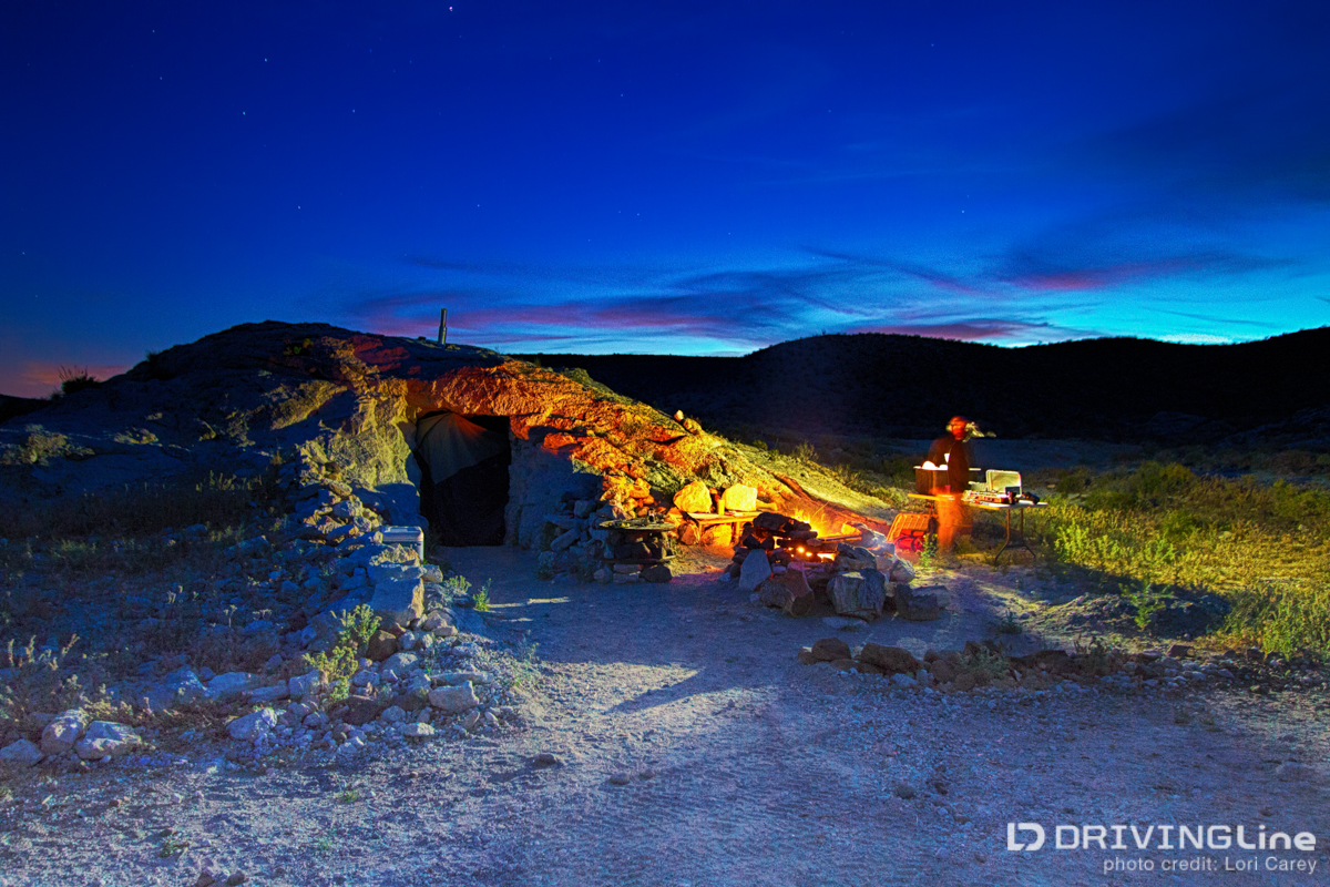 Camping in Scouts Cove, the dugout in the tufa dome served as the mining camp for the nearby fire opal mine.