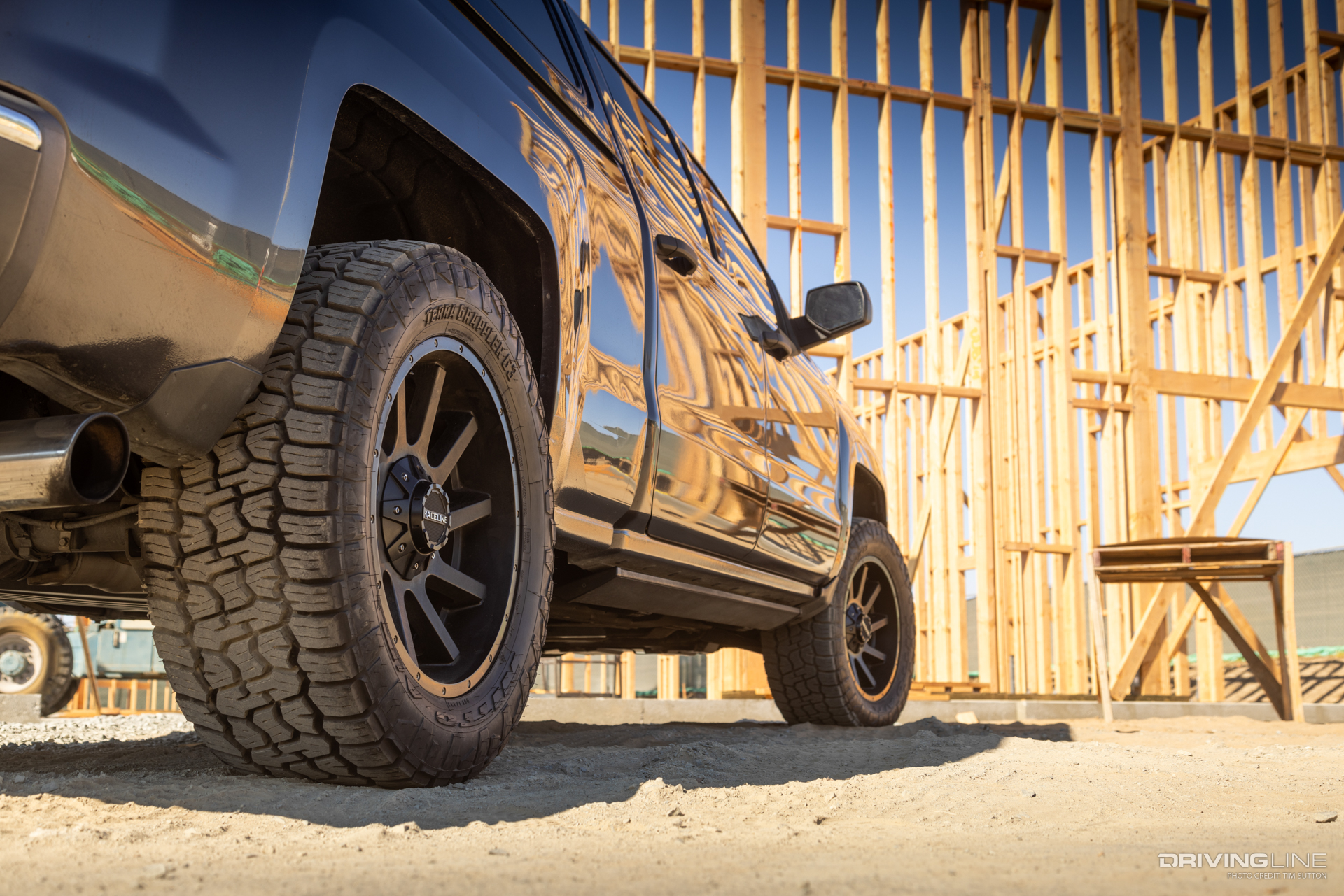 Tread detail of Nitto Terra Grappler G3 A/T tires on a Chevy Silverado Truck
