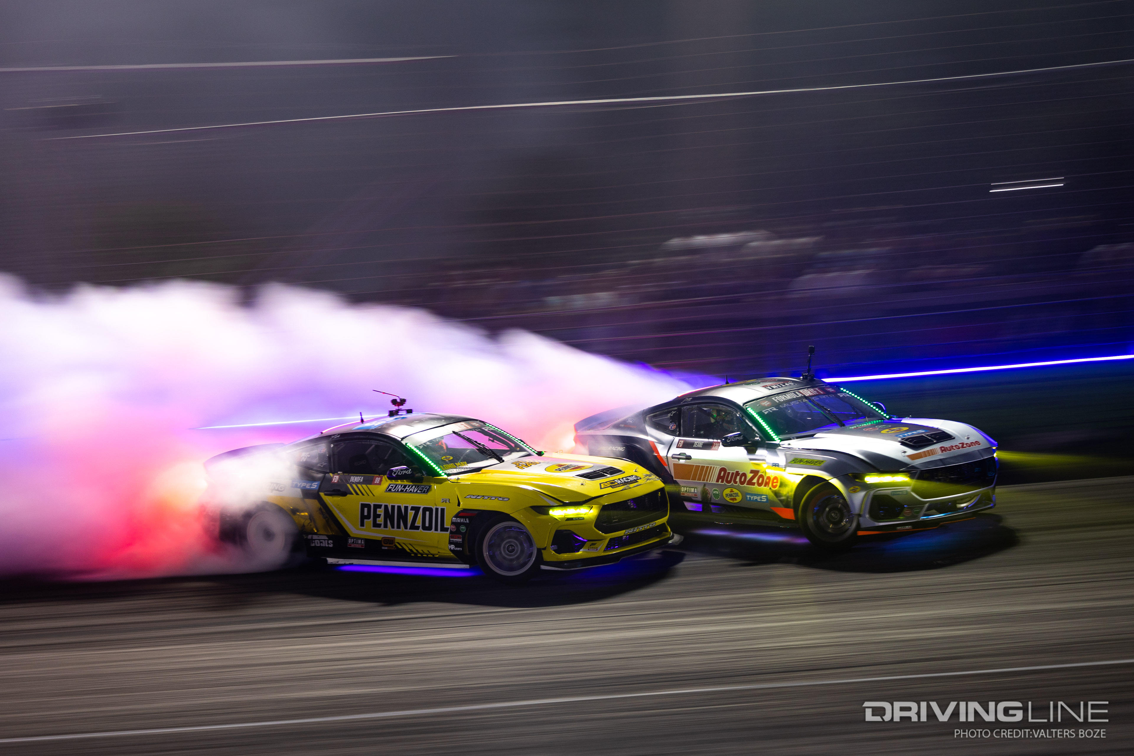 Chelsea DeNofa tandem Drifting against James Deane at 2023 Formula Drift Orlando