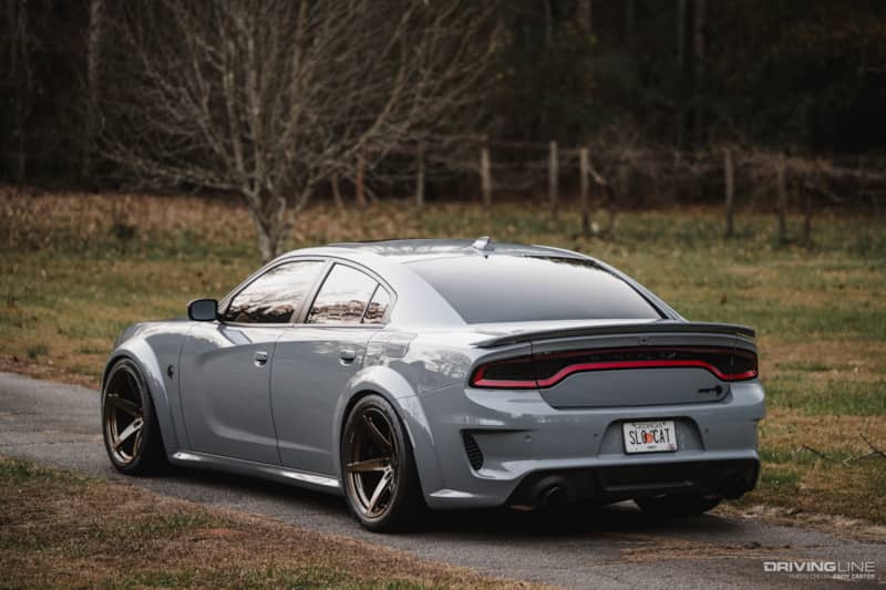 Rear 3/4 of 2022 Dodge Charger Hellcat with NT555 RII tires