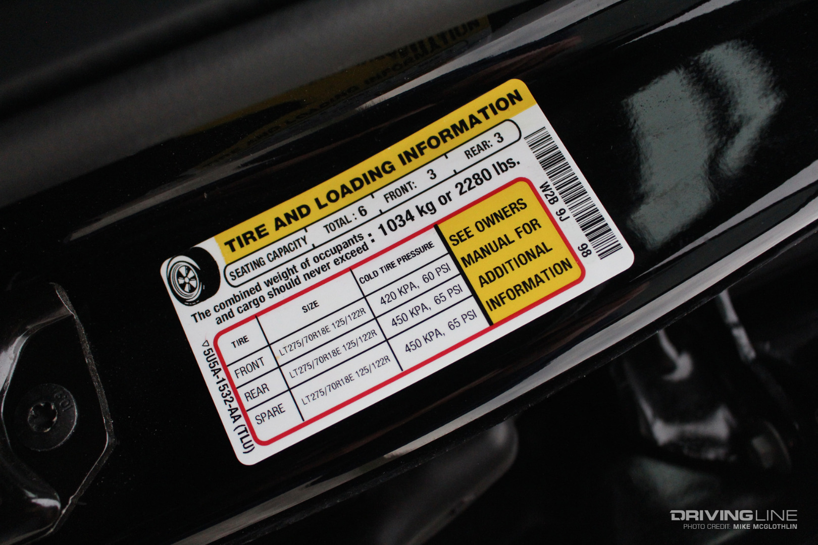 Example chart of tire size Load index