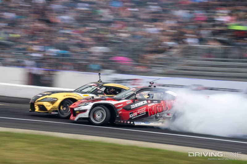 Fredric Aasbo tandem drifting against Ken Gushi at 2023 Formula Drift New Jersey Englishtown Raceway