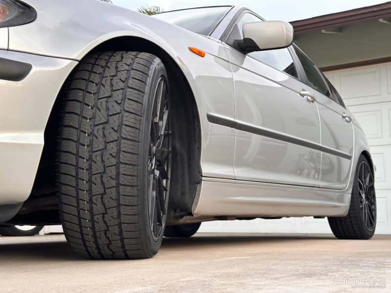 BMW 325i on Nitto Motivo 365 all-weather tires tread detail