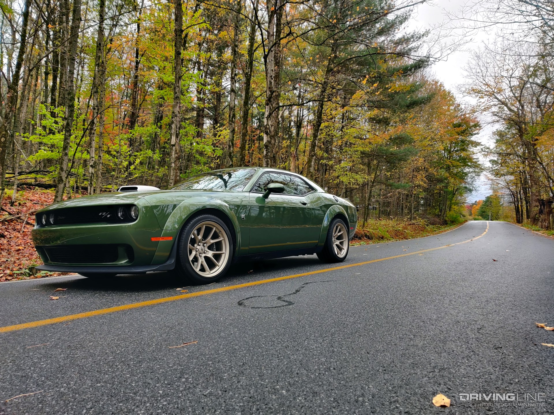 2023 Dodge Challenger R/T Scat Pack Swinger Last Call front 3/4 view along curve of road