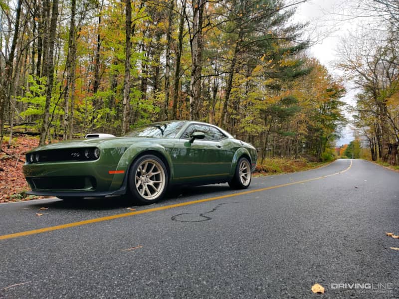 2023 Dodge Challenger R/T Scat Pack Swinger Last Call front 3/4 view along curve of road