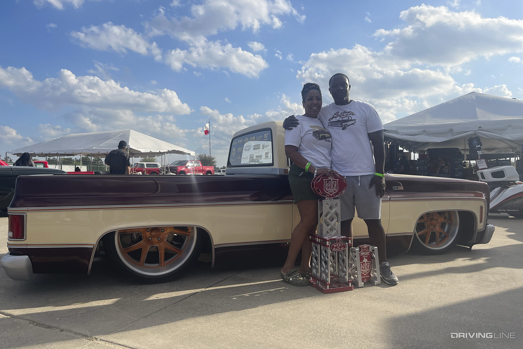 Ricky and Sherrie Holly Win "BAE" Best of Show Award Made by Phil Built Designs for "Lolita" '79 Chevy C10 Unibody Truck at Lone Star Throwdown 2023