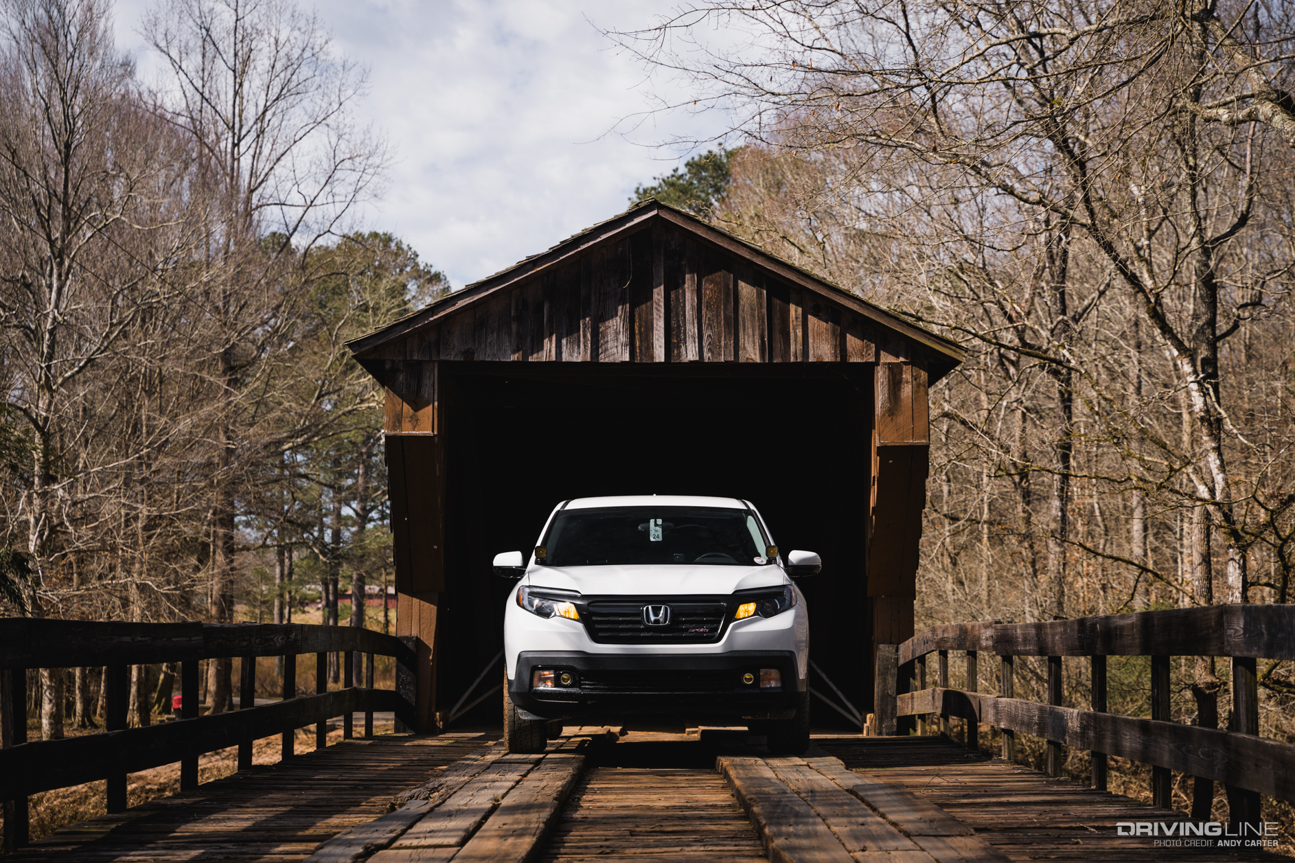 Honda Ridgeline on covered bridge road