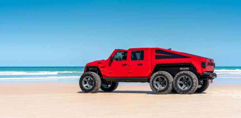 Red Jeep Gladiator 6x6 on Daytona Beach FL Apocalypse 6x6