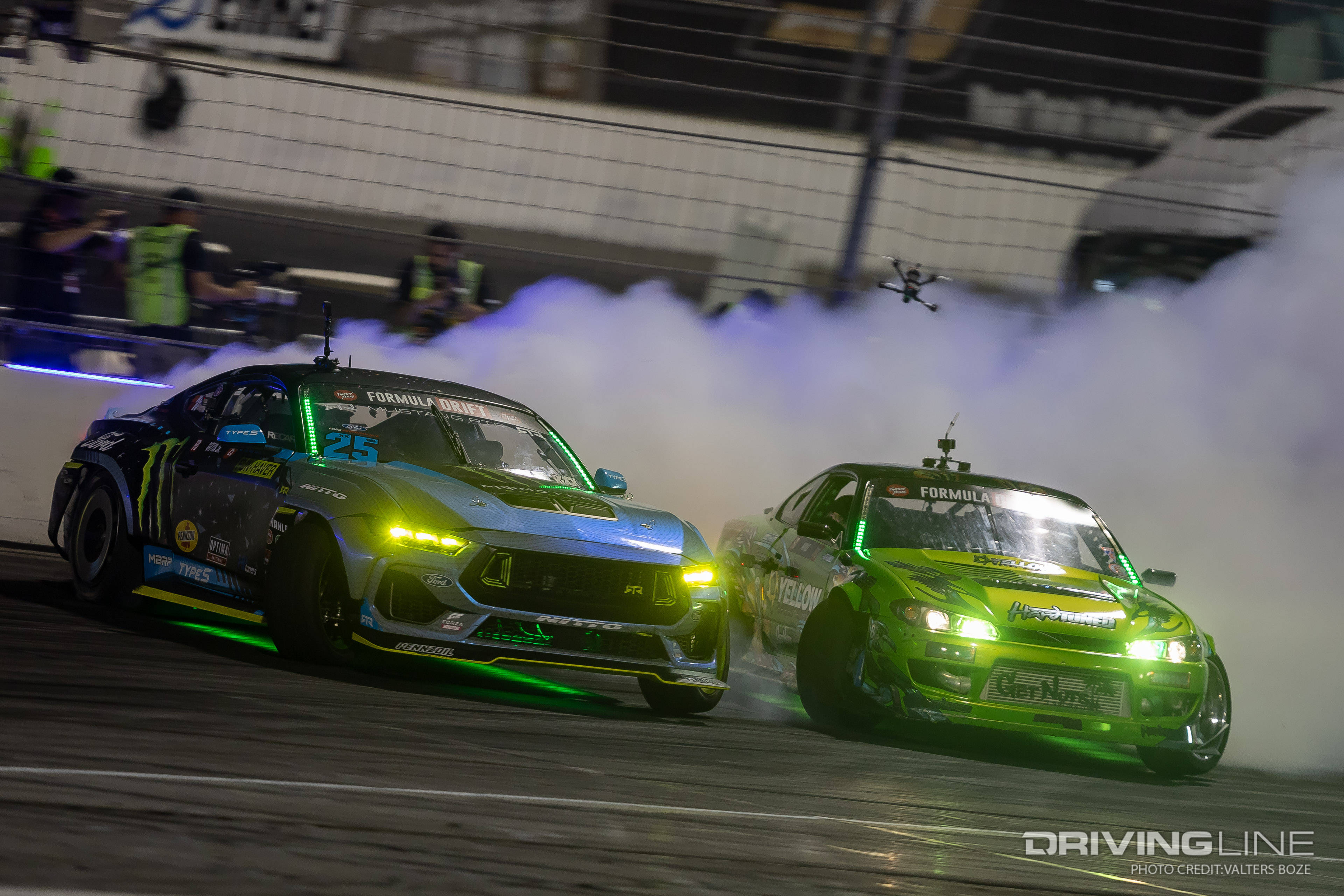 Vaughn Gittin jr. tandem drifting against Forrest Wang at 2023 Formula Drift Irwindale