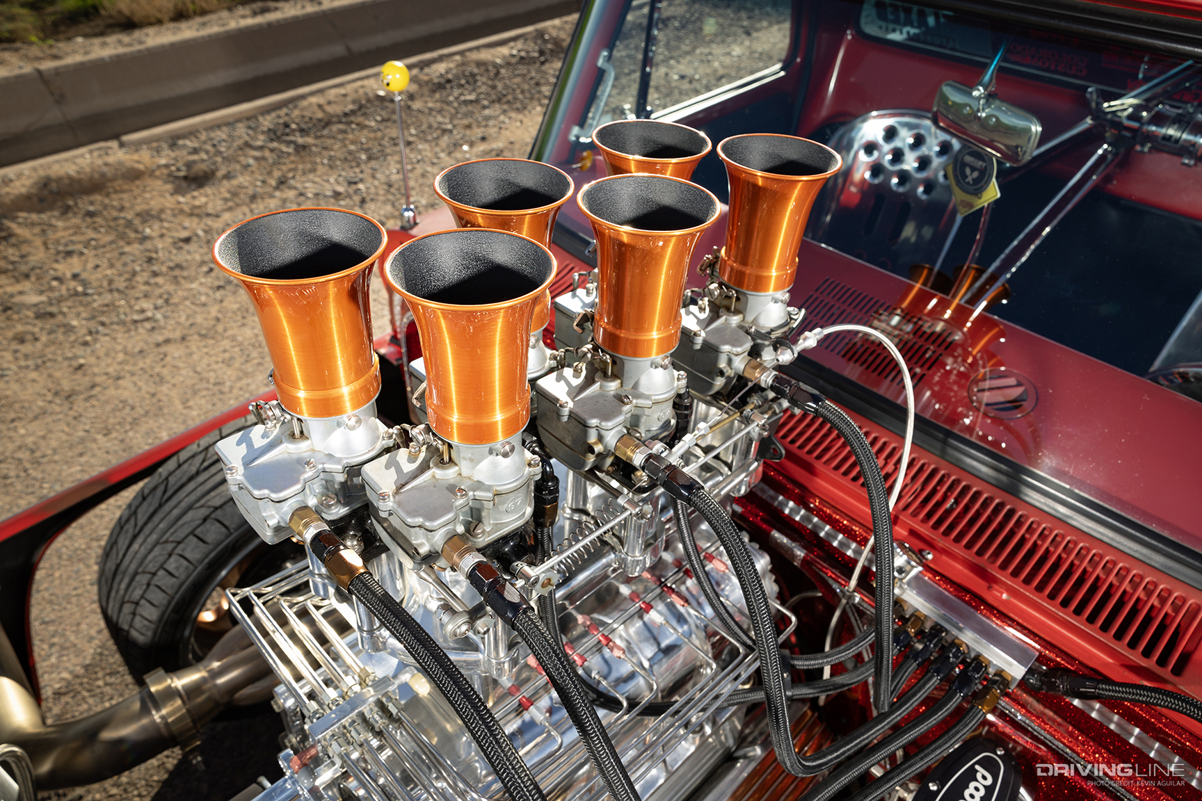 Stacked fuel injection on supercharged small block of Dave Schneider's '65 Chevy C10