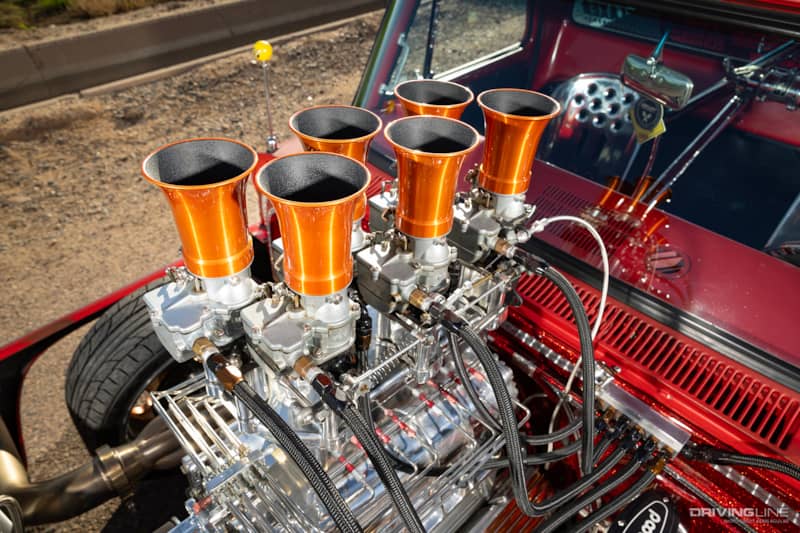 Stacked fuel injection on supercharged small block of Dave Schneider's '65 Chevy C10